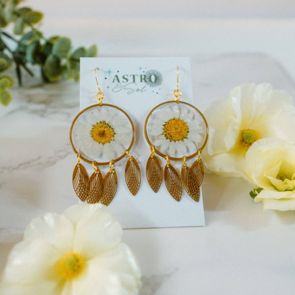 Brass Daisy's by Astro & Sol - Handcrafted brass earrings featuring delicate pressed daisy flowers preserved in warm metallic settings.