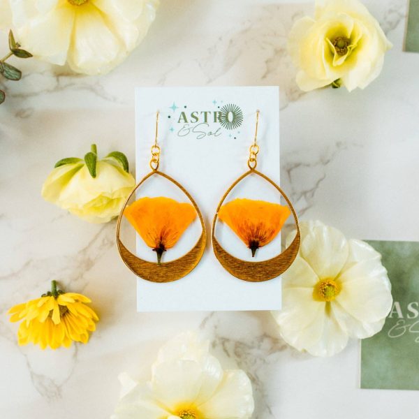 California Poppy earrings by Astro & Sol - Handcrafted brass earrings featuring genuine pressed yellow poppy flowers preserved in gleaming metal settings.