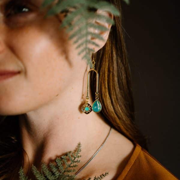 Jaded by Astro & Sol - Handcrafted brass earrings featuring tranquil aquamarine gemstones in warm golden settings.